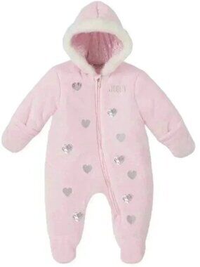 Juicy Couture Bunting Suit Snowsuit Pink Silver Hood Fleece  Hearts Size 6-9M